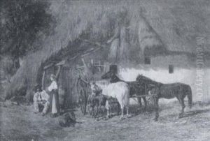 Thatched Roof House With Figures, Cart And Horses by Franz Quaglio