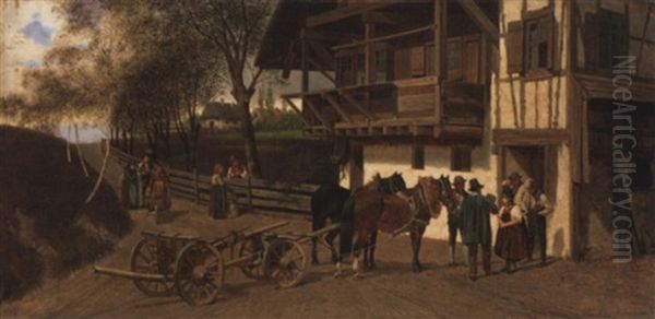 Pferdefuhrwerk Vor Einem Bayrischen Hause - view 1