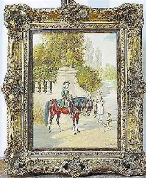 Kavalier Zu Pferde Mit Dame Und Hund - view 1