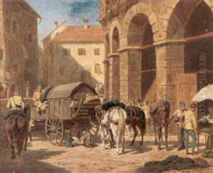 Italienische Strasenszene Mit Handlern Und Soldnern Vor Einem Antiken Arkadengang Italienische Strasenszene Mit Handlern Und Soldnern Vor Einem Antiken Arkadengang