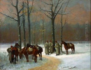 Cavaliers Dans Un Sous-bois Enneige. by Charles Bombled