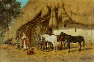 Summer's Day With Horses, Foals And Two Figures Outside A Thatched Hut by Franz Quaglio