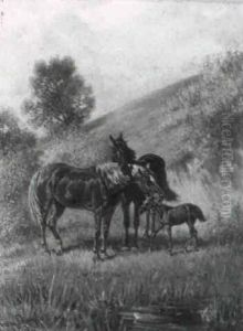 Pferde Und Fohlen Am Wiesenhang by Franz Quaglio