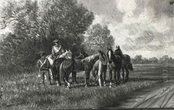 Zwei Soldaten Mit Pferden Am Waldesrand - view 1