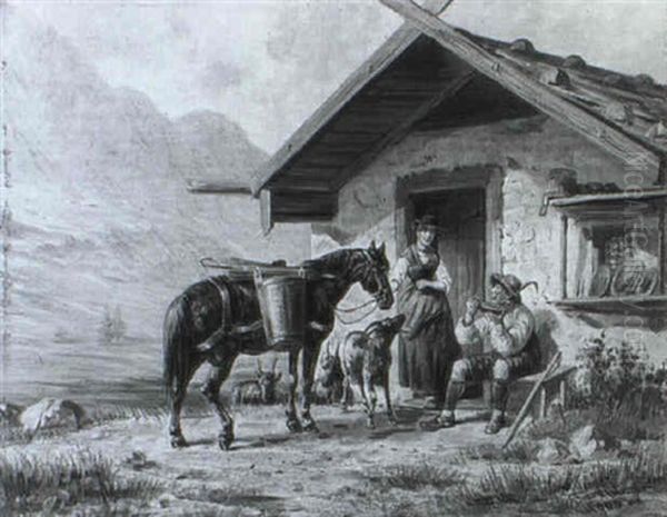 Des Reiters Rast Bei Der Sennerin Vor Der Almhutte - view 1