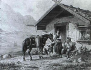 Des Reiters Rast Bei Der Sennerin Vor Der Almhutte Des Reiters Rast Bei Der Sennerin Vor Der Almhutte