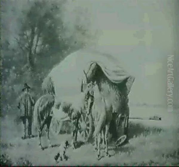 Farmer With Haywagon Resting By A River With His Dog - view 1
