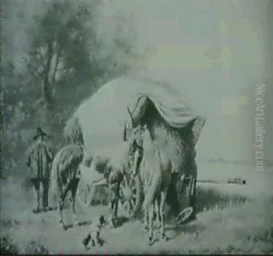 Farmer With Haywagon Resting By A River With His Dog