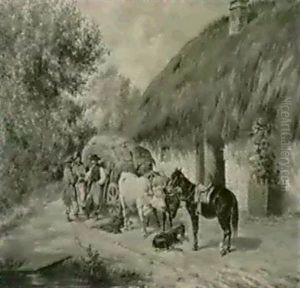 Ungarische Bauern Mit Ochsen- Gefahrt Und Pferden Vor Dem   Strohgedeckten Bauernhaus Im Gesprach. by Franz Quaglio