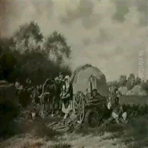 Vor Dem Marketenderwagen Im Feldlager Steht Ein Soldat Bei Magd Und Pferden, Ein Anderer Naht, Im Hintergrund Reiter... by Franz Quaglio