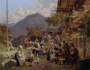 Lustige Gesellschaft Mit Blaskapelle Vor Wirtshaus Im Oberland by Lorenzo Quaglio