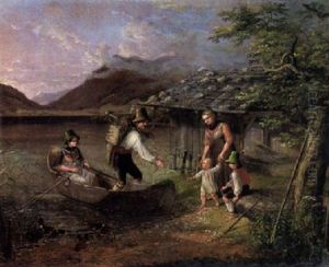 Am Schiersee. Vorn Ein Bauernpaar Im Nachen Und Eine Mutter Mit Ihren Kindern Am Ufer Am Schiersee. Vorn Ein Bauernpaar Im Nachen Und Eine Mutter Mit Ihren Kindern Am Ufer