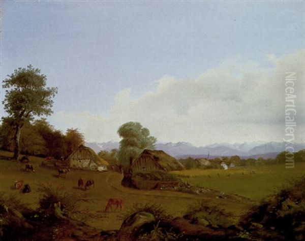 Voralpenlandschaft Mit Weidendem Vieh Vor Bauernhausern - view 1