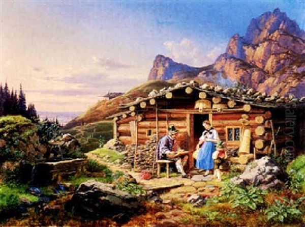 Pfeiferauchender, Zitherspielender Wandermusikant Zu Besuch Bei Einer Jungen Sennerin Mit Ihrem Bub - view 1