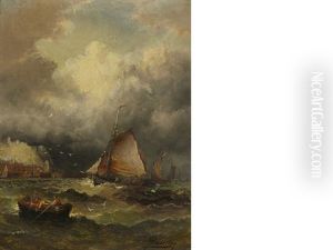 A Coastal Scene With Men Piloting Boats On A Turbulent Sea And A Town In The Distance by Arthur Quartley