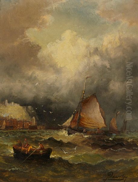 A Coastal Scene With Men Piloting Boats On A Turbulent Sea And A Town In The Distance - view 1