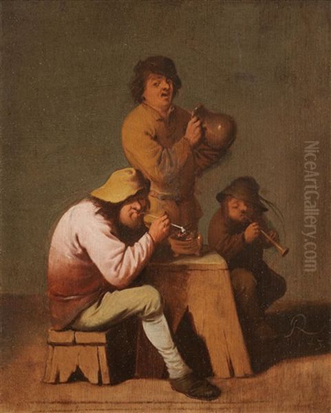Three Peasants Smoking And Drinking In An Interior - view 1