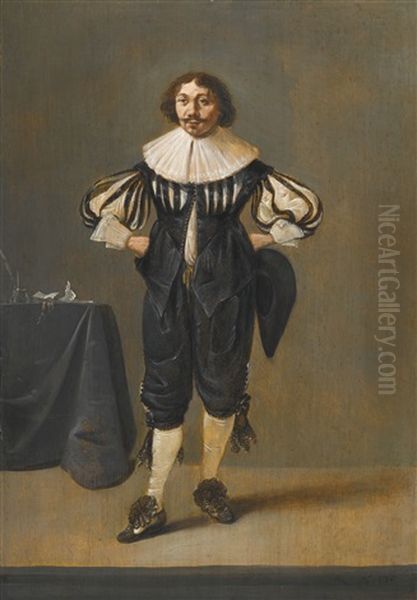 Portrait Of A Man, Full-length, In A Black Slashed Doublet And Breeches And A Ruff, Standing Beside A Table With Writing Implements - view 1
