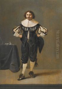 Portrait Of A Man, Full-length, In A Black Slashed Doublet And Breeches And A Ruff, Standing Beside A Table With Writing Implements