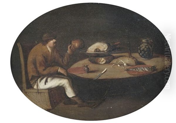 Dunkles Interieur Mit Einem Bauern Auf Einem Kistenstuhl Bei Einer Mahlzeit - view 1