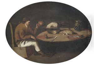 Dunkles Interieur Mit Einem Bauern Auf Einem Kistenstuhl Bei Einer Mahlzeit by Pieter Jansz Quast