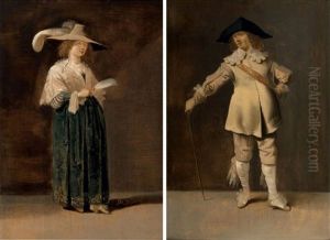 Portrait De Femme En Pied Tenant Un Eventail De Plumes (+ Portrait D'officier Tenant Une Canne; 2 Works)