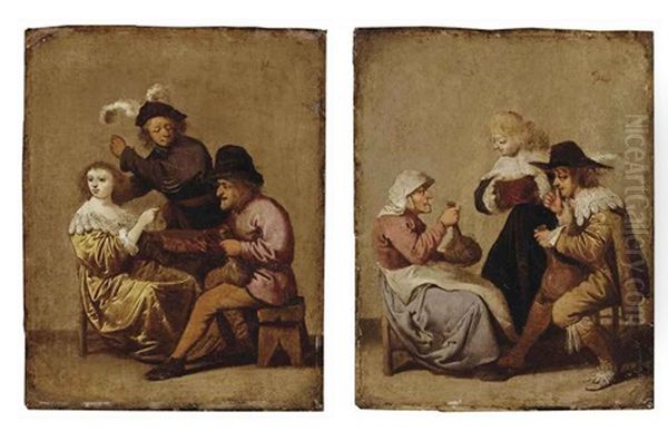 A Drinking Peasant Courting A Young Lady With An Angry Young Gentleman Nearby (+ A Gentleman Drinking With An Old Woman, A Young Lady Nearby; Pair) - view 1