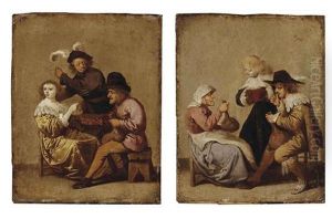 A Drinking Peasant Courting A Young Lady With An Angry Young Gentleman Nearby (+ A Gentleman Drinking With An Old Woman, A Young Lady Nearby; Pair) by Pieter Jansz Quast