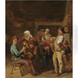 A Barn Interior With Smoking And Drinking Peasants Beside A Fireplace, A Sleeping Child And A Mother Nursing Her Child In The Background by Pieter Jansz Quast