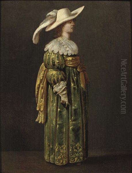 An Elegant Woman, Full-length, Standing In Profile, In A Green And Gold Embroidered Dress And Feathered Hat - view 1