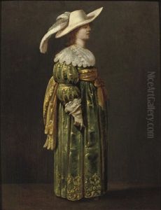 An Elegant Woman, Full-length, Standing In Profile, In A Green And Gold Embroidered Dress And Feathered Hat by Pieter Jansz Quast