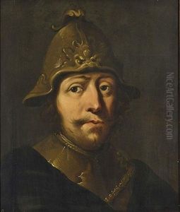 A Tronie Of A Soldier, Head And Shoulders, Wearing A Helmet And A Gorget by Pieter Jansz Quast