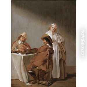 An Interior With Two Cavaliers Playing Tric-trac Together With A Serving Wench by Pieter Jansz Quast