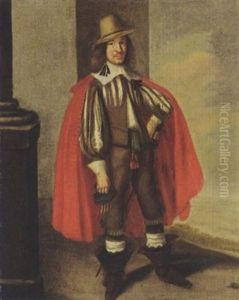 A Portrait Of A Gentleman Wearing A Brown Suit With White Chemise, A Red Cloak And A Hat