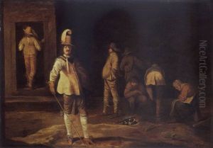 A Kortegaardje, Soldiers And Peasants Gathered Around A Fire In A Barn by Pieter Jansz Quast