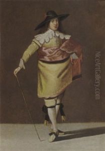 A Portrait Of A Gentleman, Wearing A Yellow Suit With Lace Collar And Cuffs And A Red Cloak, Holding A Stick In His Right Hand by Pieter Jansz Quast