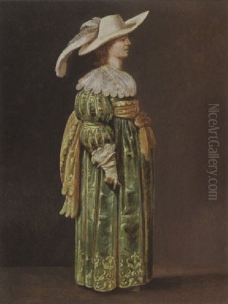 A Portrait Of A Lady, Wearing A Green Sating Dress With Lace Cuffs And Collar, A Yellow Sash, White Gloves, And A White Hat - view 1