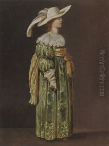 A Portrait Of A Lady, Wearing A Green Sating Dress With Lace Cuffs And Collar, A Yellow Sash, White Gloves, And A White Hat A Portrait Of A Lady, Wearing A Green Sating Dress With Lace Cuffs And Collar, A Yellow Sash, White Gloves, And A White Hat