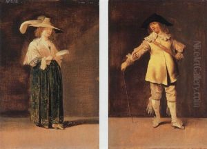 A Lady Wearing A Gold Embroidered Dark Green Dress With A Plumed Hat, Holding A Feather A Lady Wearing A Gold Embroidered Dark Green Dress With A Plumed Hat, Holding A Feather