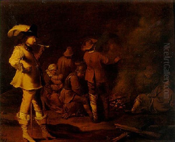 Soldiers And A Woman Around A Fire With A Bravo Smoking A Pipe - view 1