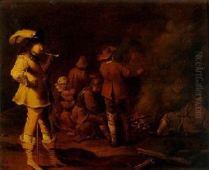 Soldiers And A Woman Around A Fire With A Bravo Smoking A Pipe