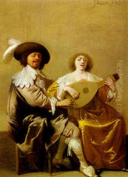 A Man And A Woman Playing A Lute - view 1