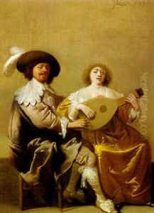 A Man And A Woman Playing A Lute by Pieter Jansz Quast