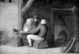 Kucheninterieur Mit Bauern, Die An Einem Weinfas Sitzen