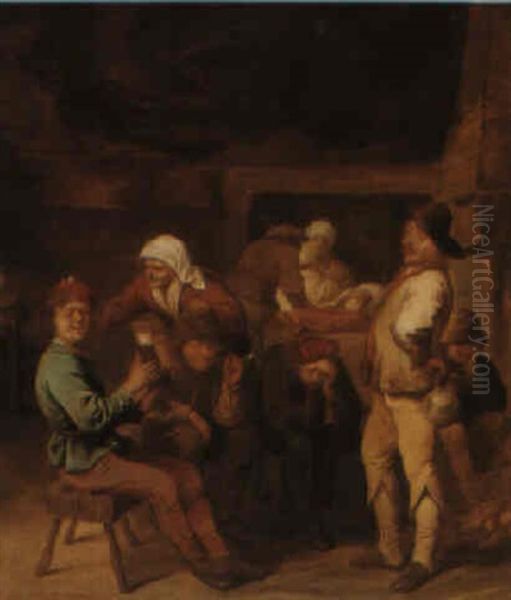 Tavern Interior With Peasants Smoking And Drinking Near A Fire - view 1
