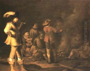 Peasants Around A Campfire Watched By A Cavalier by Pieter Jansz Quast
