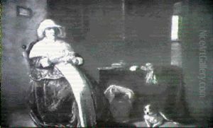 A Woman Seated Peeling A Lemon By A Table With A Dog In A Panelled Room A Woman Seated Peeling A Lemon By A Table With A Dog In A Panelled Room