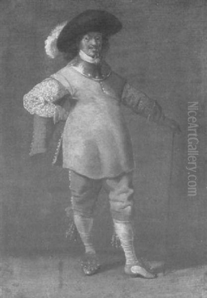 Portrait Of A Cavalier, Standing Full Length With A Plumed Hat And Cane - view 1