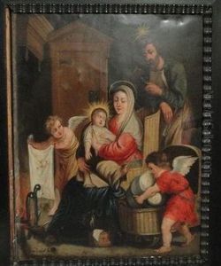 La Sainte Famille Se Rechauffant Pres De L"atre, Avec Deux Anges S"appretant A Coucher L"enfant Jesus Dans Un Berceau En Osier
