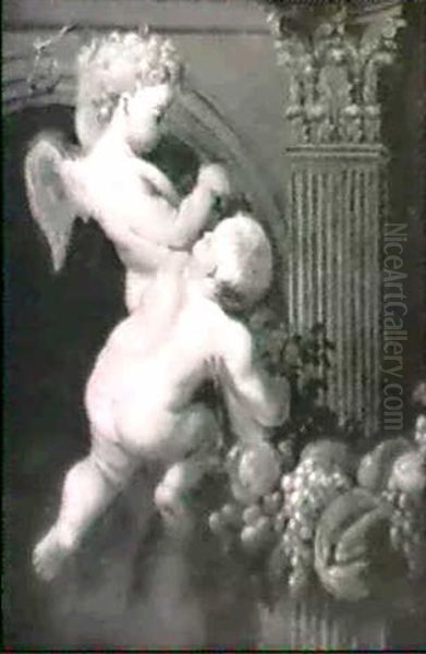 Two Putti Playing By A Swag Of Fruit - view 1